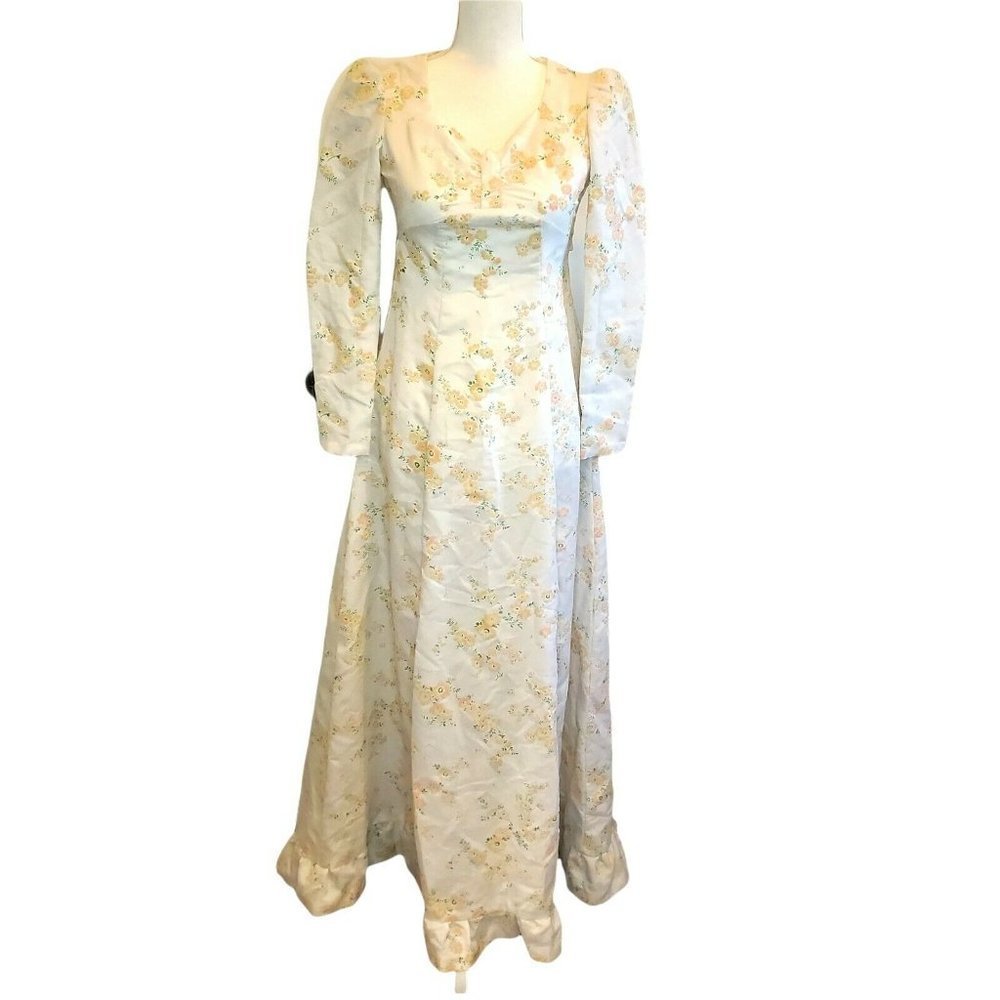 Vintage 70s Flocked Floral Maxi Prairie Dress White Peach Flowers Sz 0 XXS - Picture 2 of 13